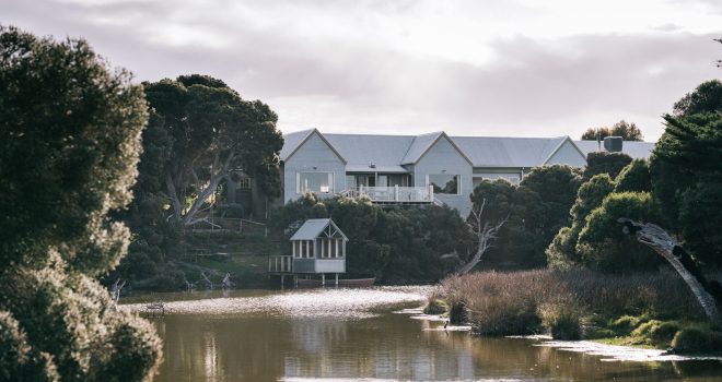 A view of Moonah restaurant from the opposite bank of the lake