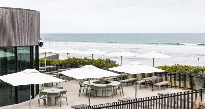 View of restarant tables overlooking the Ocean Grove main Beach